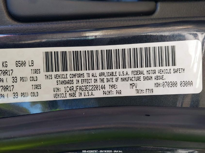 2014 Jeep Grand Cherokee Laredo VIN: 1C4RJFAG3EC220144 Lot: 43265787
