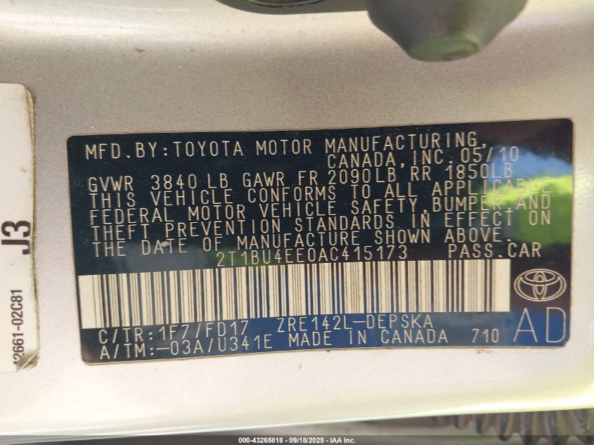 2010 Toyota Corolla S VIN: 2T1BU4EE0AC415173 Lot: 43265818