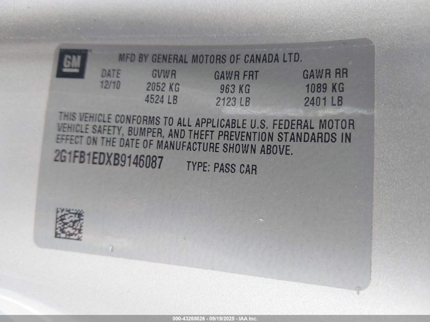 2011 Chevrolet Camaro 1Lt VIN: 2G1FB1EDXB9146087 Lot: 43265826