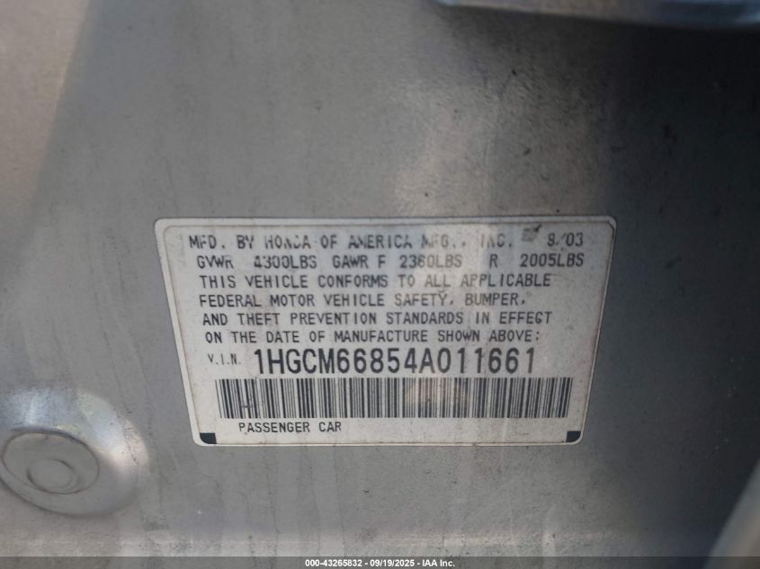 2004 Honda Accord 3.0 Ex VIN: 1HGCM66854A011661 Lot: 43265832