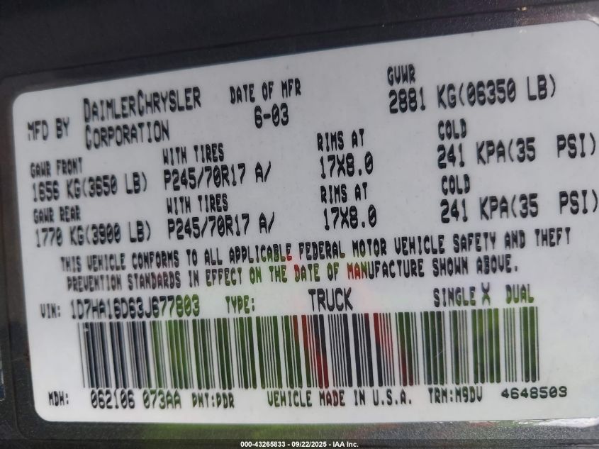 2003 Dodge Ram 1500 Slt/Laramie/St VIN: 1D7HA16D63J677803 Lot: 43265833