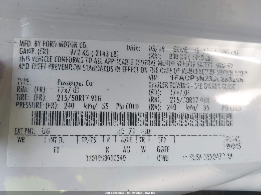 2018 Ford Focus Titanium VIN: 1FADP3N23JL283296 Lot: 43265836