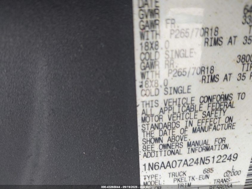2004 Nissan Titan Se VIN: 1N6AA07A24N512249 Lot: 43265844