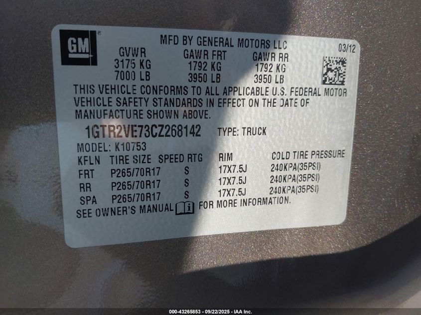 2012 GMC Sierra 1500 Sle VIN: 1GTR2VE73CZ268142 Lot: 43265853