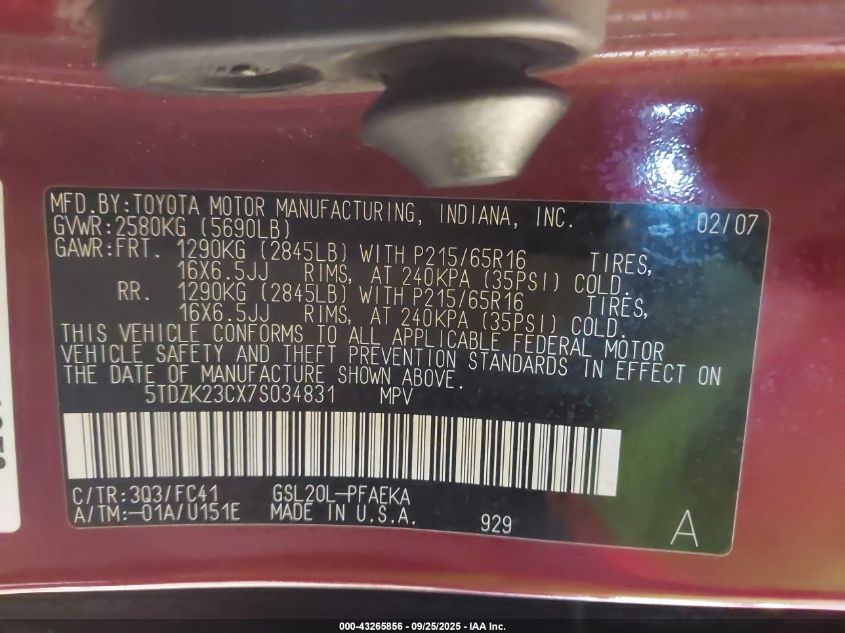 2007 Toyota Sienna Le VIN: 5TDZK23CX7S034831 Lot: 43265856