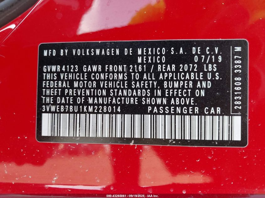2019 Volkswagen Jetta 1.4T Sel VIN: 3VWEB7BU1KM228014 Lot: 43265861