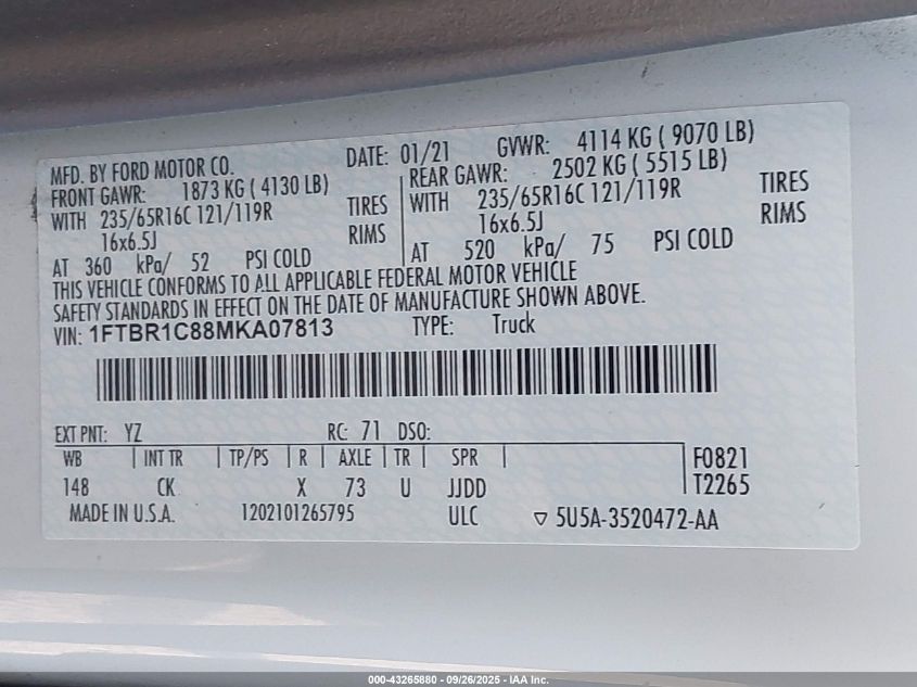 2021 Ford Transit-250 VIN: 1FTBR1C88MKA07813 Lot: 43265880