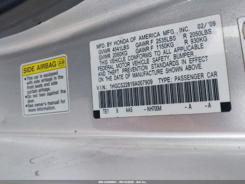2009 Honda Accord 3.5 Ex-L VIN: 1HGCS22819A007909 Lot: 43265881