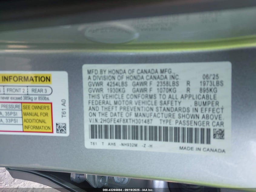 2026 HONDA CIVIC HYBRID SPORT/SPORT TOURING - 2HGFE4F8XTH301487