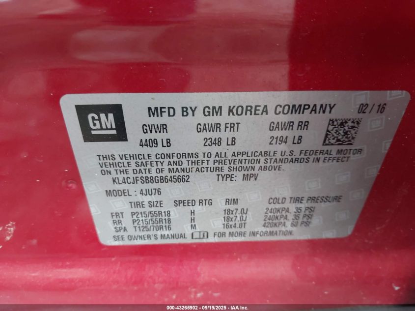 2016 Buick Encore Convenience VIN: KL4CJFSB8GB645662 Lot: 43265902