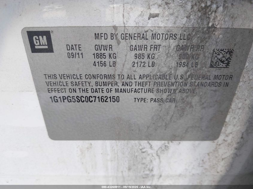 2012 Chevrolet Cruze 2Lt VIN: 1G1PG5SC0C7162150 Lot: 43265911