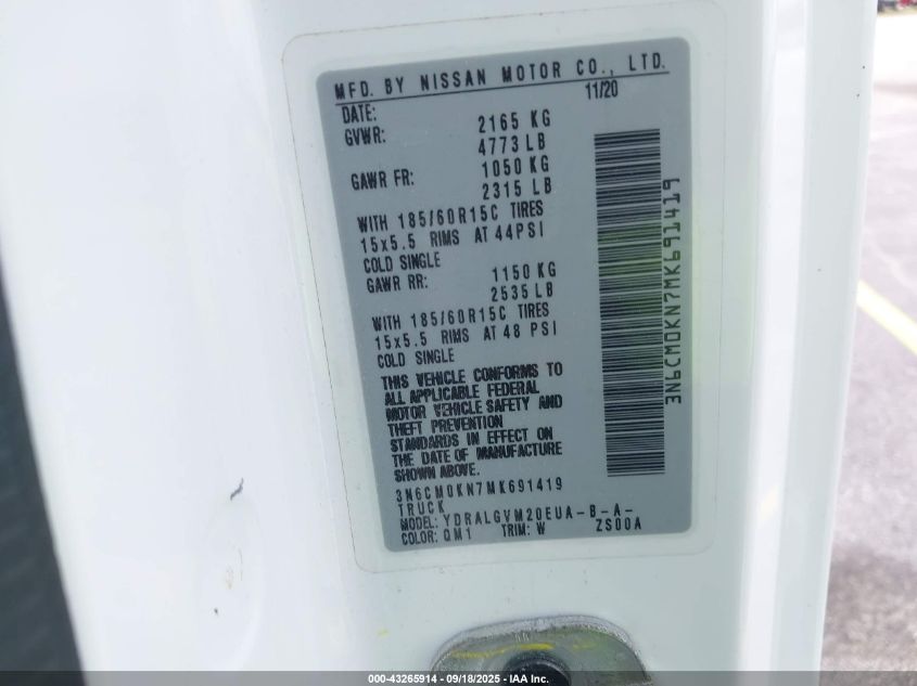 2021 Nissan Nv200 Cargo Sv Xtronic Cvt VIN: 3N6CM0KN7MK691419 Lot: 43265914