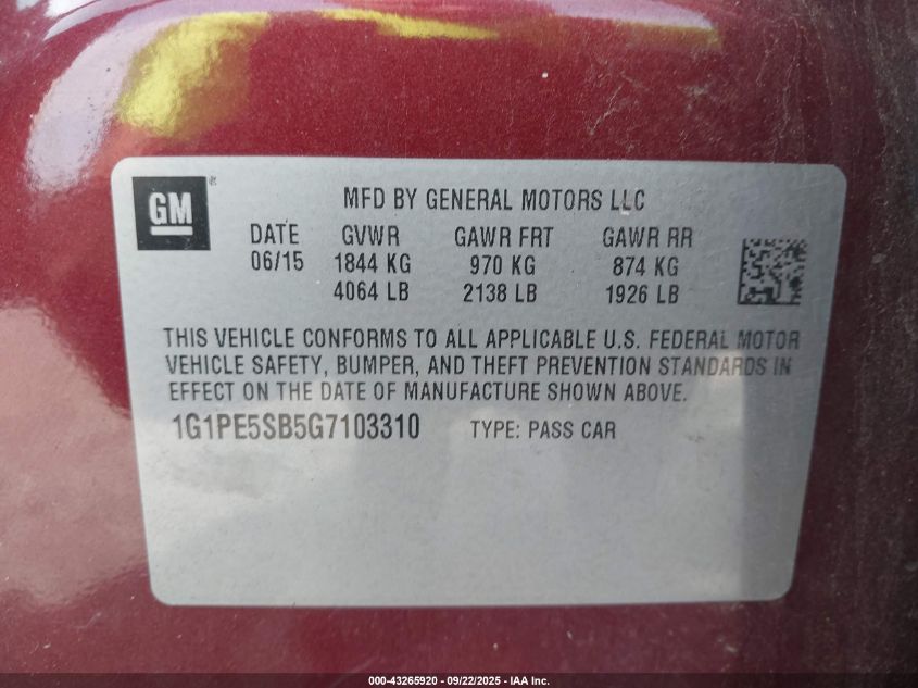 2016 Chevrolet Cruze Limited 1Lt Auto VIN: 1G1PE5SB5G7103310 Lot: 43265920