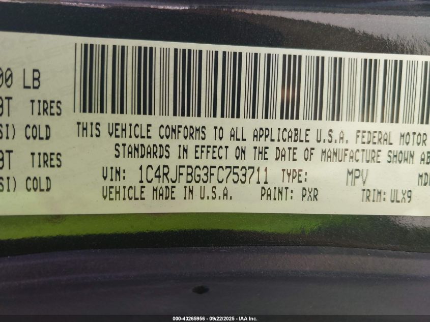 2015 Jeep Grand Cherokee Limited VIN: 1C4RJFBG3FC753711 Lot: 43265956