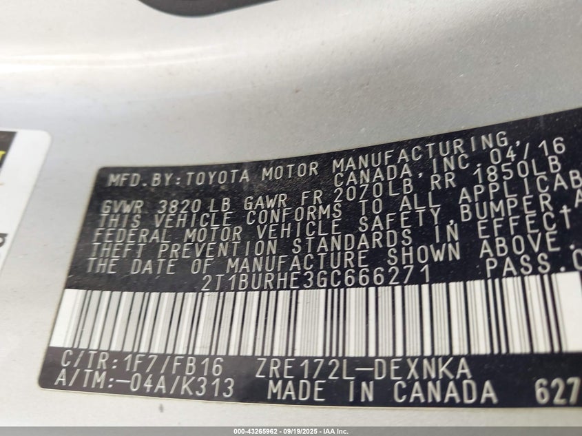 2016 Toyota Corolla Le VIN: 2T1BURHE3GC666271 Lot: 43265962