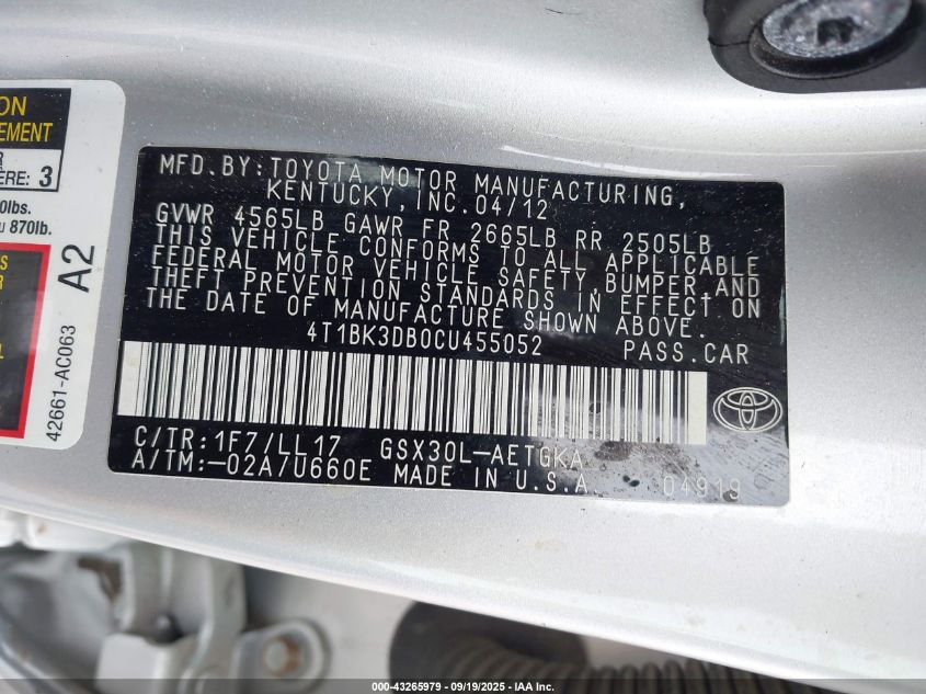 2012 Toyota Avalon VIN: 4T1BK3DB0CU455052 Lot: 43265979