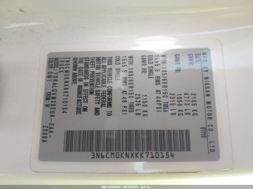 2019 Nissan Nv200 Sv VIN: 3N6CM0KNXKK710154 Lot: 43265982