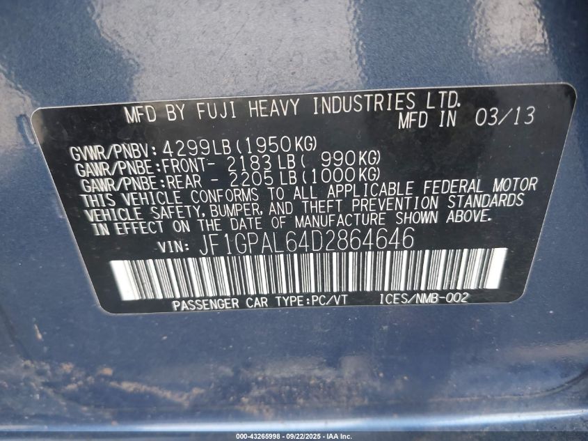 2013 Subaru Impreza 2.0I Sport Premium VIN: JF1GPAL64D2864646 Lot: 43265998