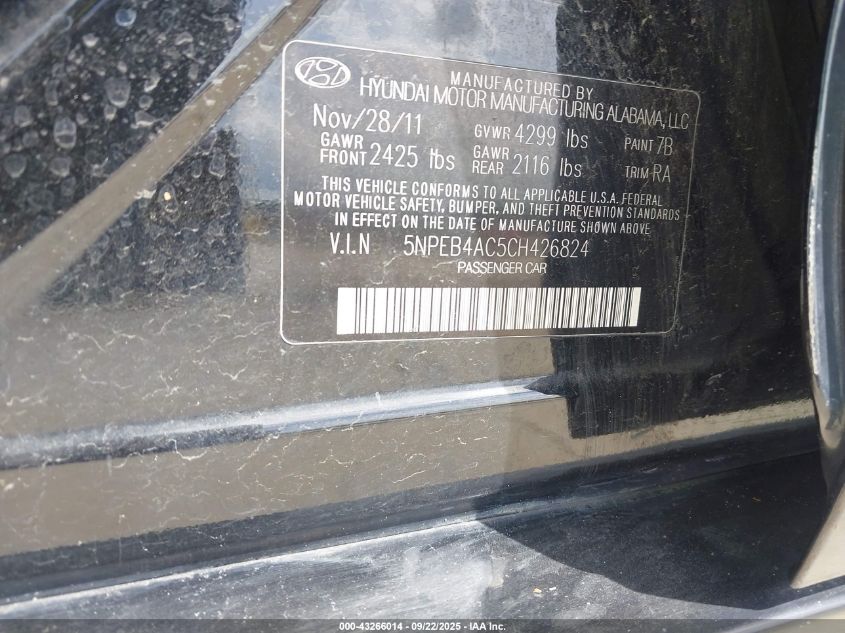2012 Hyundai Sonata Gls Pzev VIN: 5NPEB4AC5CH426824 Lot: 43266014