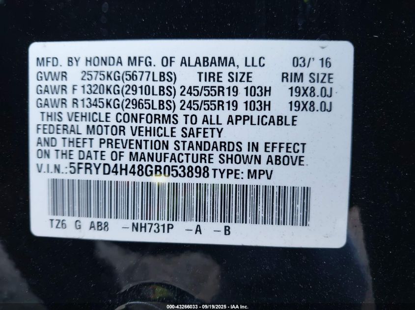 2016 Acura Mdx Technology Acurawatch Plus Packages/Technology Package VIN: 5FRYD4H48GB053898 Lot: 43266033