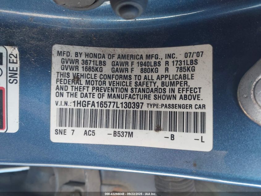 2007 Honda Civic Lx VIN: 1HGFA16577L130397 Lot: 43266048