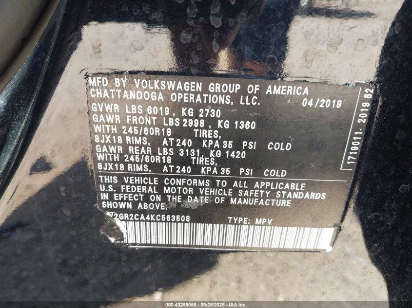 2019 Volkswagen Atlas 3.6L V6 Se W/Technology VIN: 1V2WR2CA3KC612435 Lot: 43266055