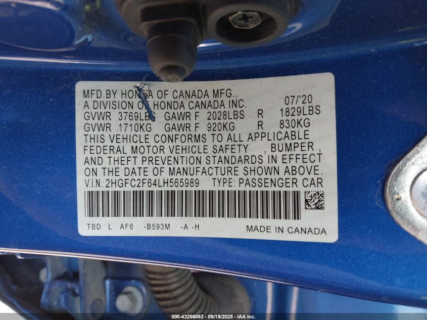 2020 Honda Civic Lx VIN: 2HGFC2F64LH565989 Lot: 43266063