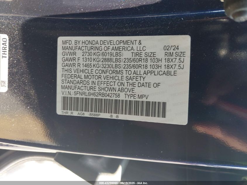 2024 Honda Odyssey Ex-L VIN: 5FNRL6H62RB042758 Lot: 43266065