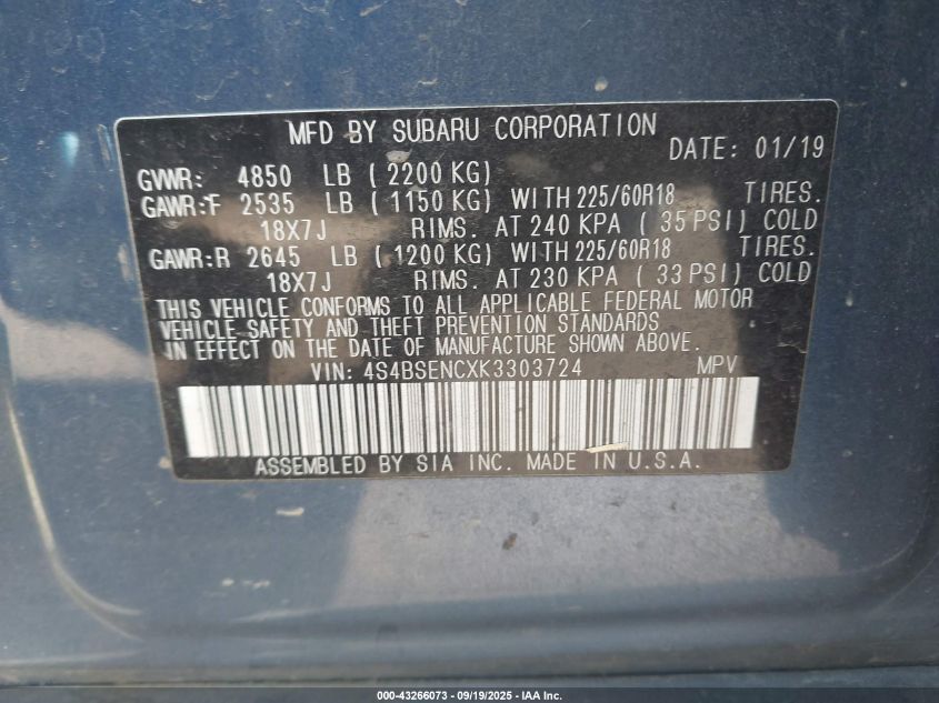 2019 Subaru Outback 3.6R Limited VIN: 4S4BSENCXK3303724 Lot: 43266073