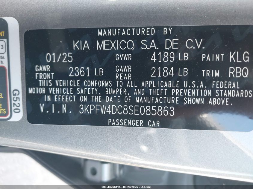 2025 Kia K4 Gt-Line Turbo VIN: 3KPFW4DC8SE085863 Lot: 43266115
