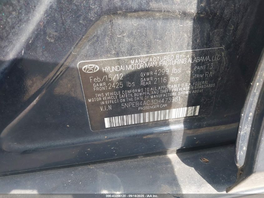 2012 Hyundai Sonata Gls Pzev VIN: 5NPEB4AC3CH473981 Lot: 43266120