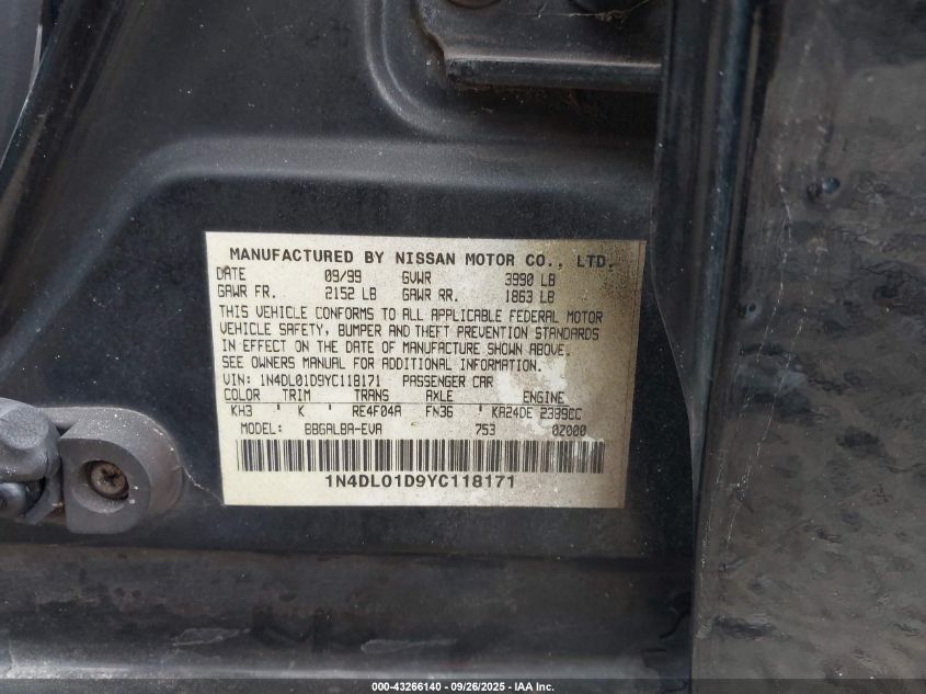 2000 Nissan Altima Gle/Gxe/Se/Xe VIN: 1N4DL01D9YC118171 Lot: 43266140