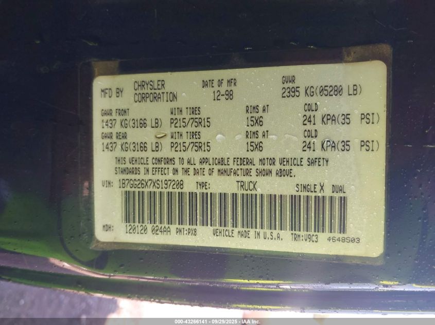 1999 Dodge Dakota Slt/Sport VIN: 1B7GG26X7XS197208 Lot: 43266141