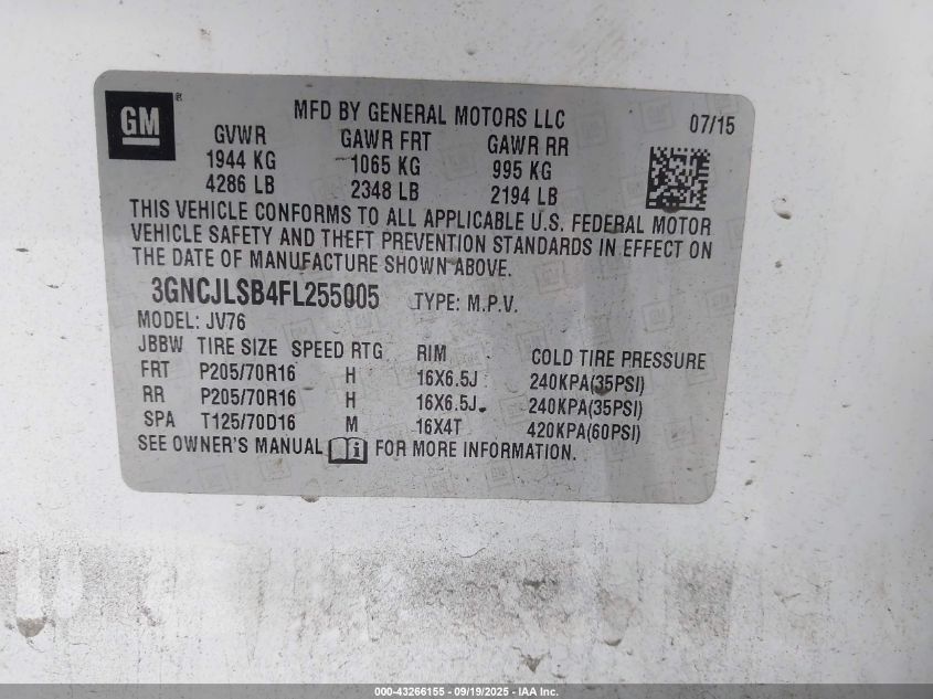 2015 Chevrolet Trax Lt VIN: 3GNCJLSB4FL255005 Lot: 43266155