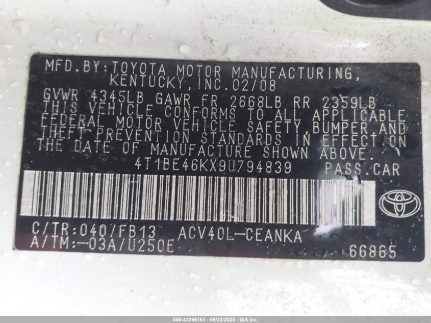 2009 Toyota Camry Le VIN: 4T1BE46KX9U794839 Lot: 43266161