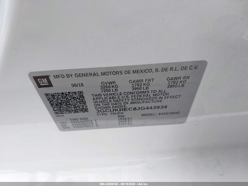 2018 Chevrolet Silverado 1500 2Lt VIN: 3GCUKREC8JG443934 Lot: 43266162