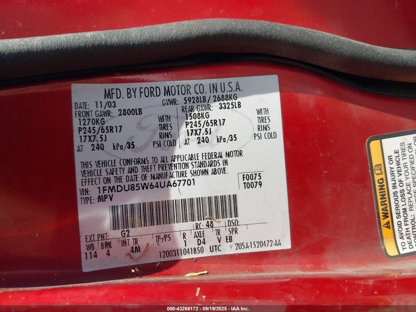 2004 Ford Explorer Limited VIN: 1FMDU85W64UA67701 Lot: 43266172