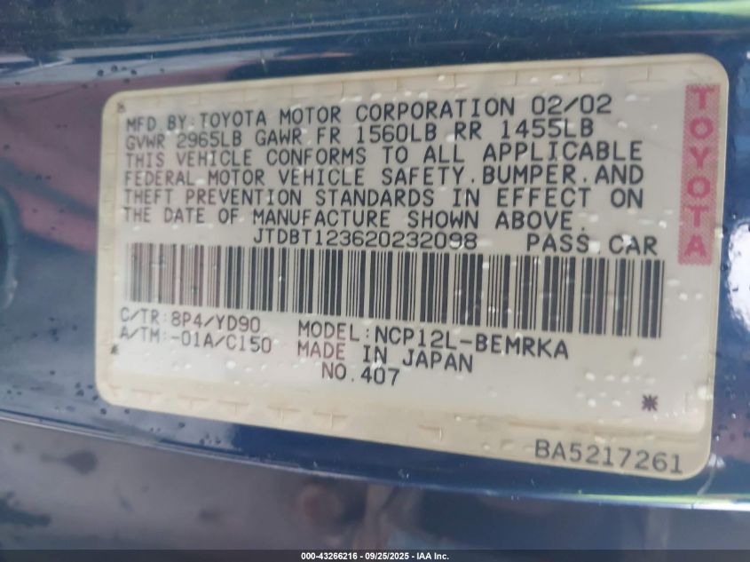 2002 Toyota Echo VIN: JTDBT123620232098 Lot: 43266216