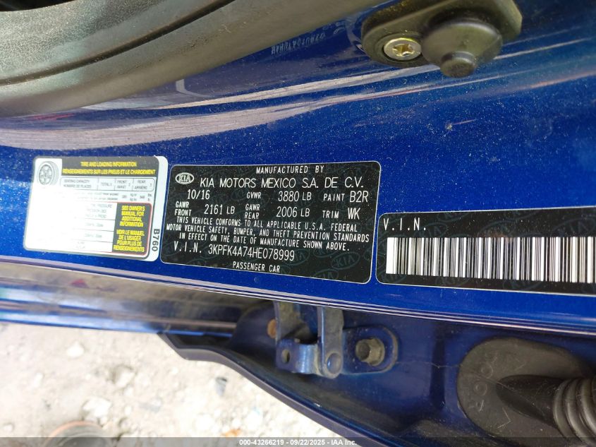 2017 Kia Forte Lx VIN: 3KPFK4A74HE078999 Lot: 43266219