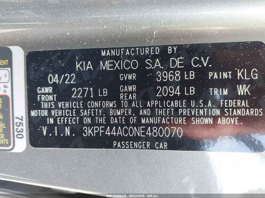 2022 Kia Forte Gt VIN: 3KPF44AC0NE480070 Lot: 43266229