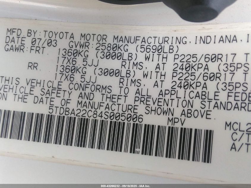 2004 Toyota Sienna Xle Limited VIN: 5TDBA22C84S005006 Lot: 43266232