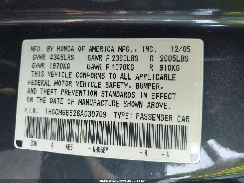 2006 Honda Accord Sdn Ex-L V6 VIN: 1HGCM66526A030709 Lot: 43266240