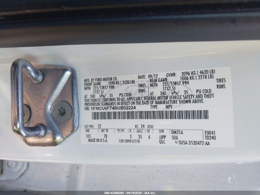 2013 Ford Escape S VIN: 1FMCU0F74DUB02224 Lot: 43266260