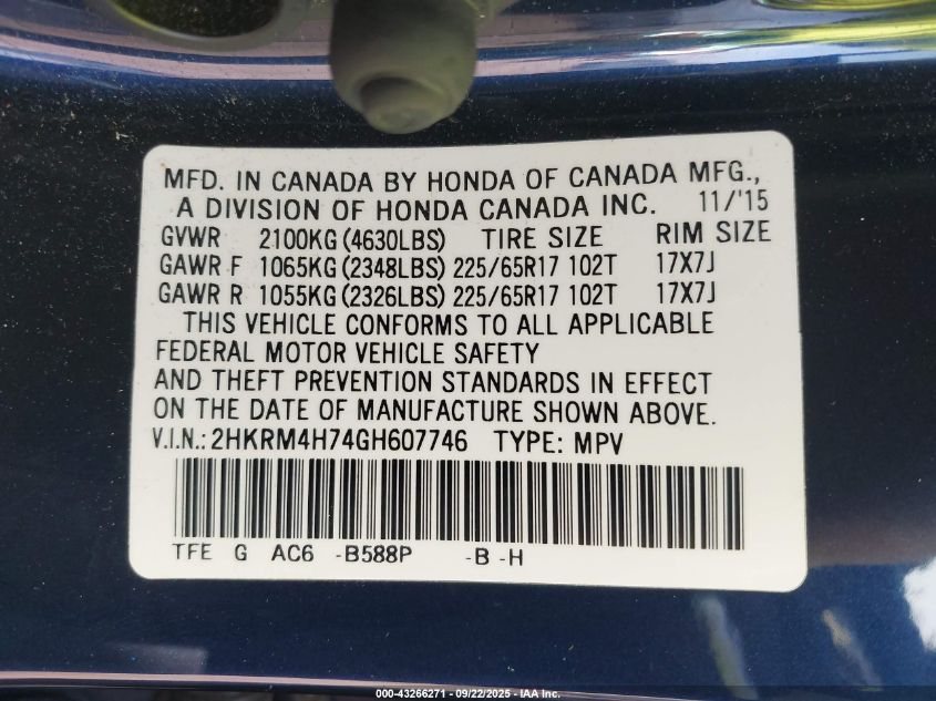 2016 Honda Cr-V Ex-L VIN: 2HKRM4H74GH607746 Lot: 43266271