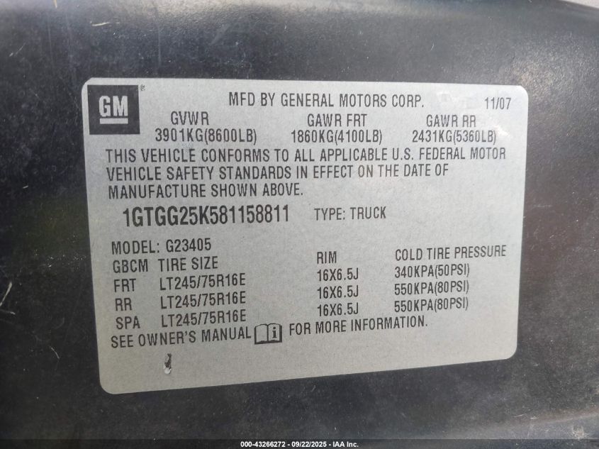 2008 GMC Savana Work Van VIN: 1GTGG25K581158811 Lot: 43266272