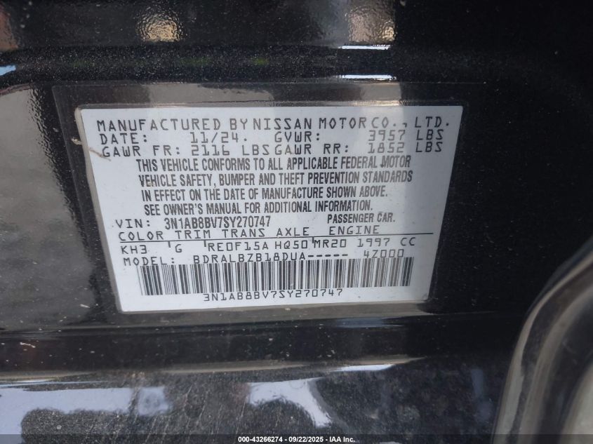 2025 Nissan Sentra S VIN: 3N1AB8BV7SY270747 Lot: 43266274