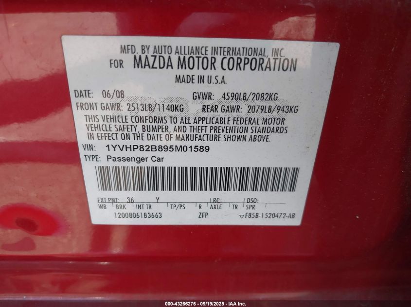2009 Mazda Mazda6 S Grand Touring VIN: 1YVHP82B895M01589 Lot: 43266276
