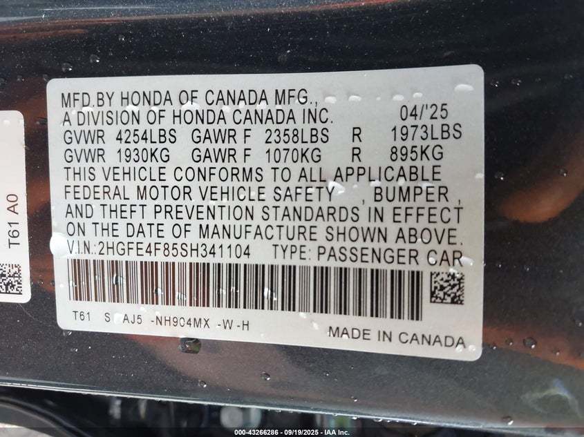 2025 HONDA CIVIC HYBRID SPORT/SPORT TOURING - 2HGFE4F85SH341104