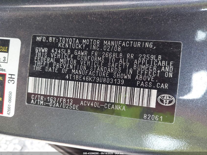 2009 Toyota Camry Le VIN: 4T1BE46K79U803139 Lot: 43266288