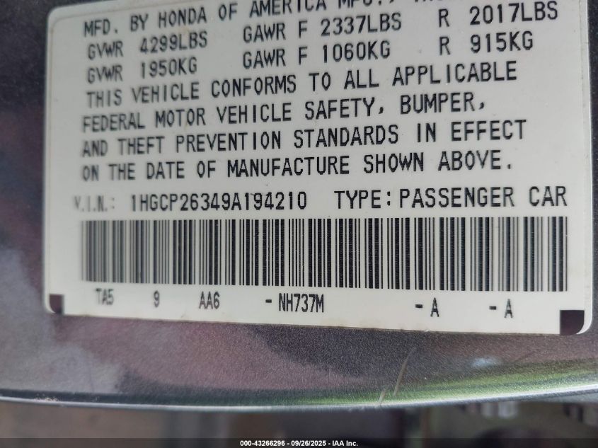 2009 Honda Accord 2.4 Lx VIN: 1HGCP26349A194210 Lot: 43266296
